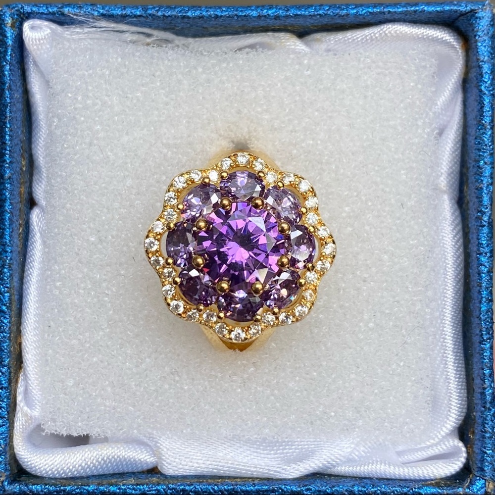 Amethyst/Diamond CZ Flower Ring, 14K YG Plated
